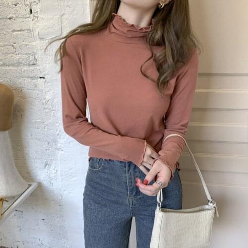 Solid Color T-Shirt Womens Autumn New Wooden Ear Collar Casual Bottoming Shirt Knitted Slim Long Sleeve Top