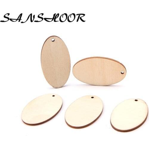 SANSHOOR 40*25mm Thin Oval Wooden Chip Blank Dangles Hanging Ornaments Pendant Fit Painting Earrings Crafts 30Pcs/lot