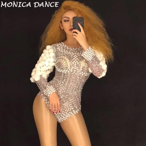 Stage Sparkly Rhinestones Pearls Bodysuit White Flowers Womens Birthday Celebrate Stage Singer Dance DS Show Nightclub Leotard