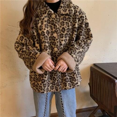 2020 Women Autumn Winter Vintage Leopard Suede Short Jacket Coat Single Breasted Thick Loose Overcoat Outerwear