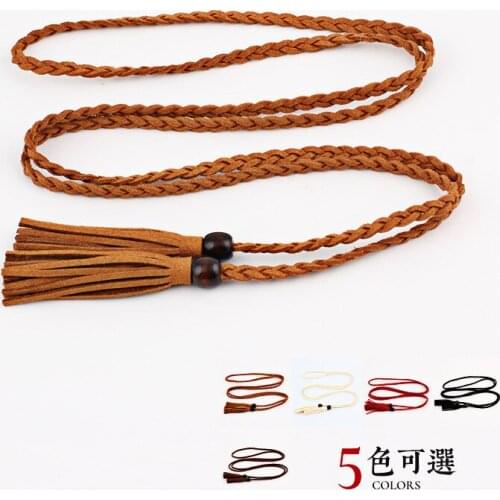 Women Ladies Braided Belt PU Leather Tassel Thin Waist Tassles Rope Belts Waistband SE31