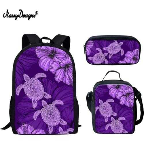 NOISYDESIGNS Purple Hibiscus Turtle Print Women Kids Backpacks Pencil Bag 3Pcs/set Portfolio School Bags For Boys Girls Bookbags
