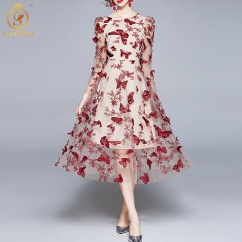 SMTHMA 2021 Fashion Designer Summer Mid-Length Dress Women Elegant Stereoscopic Butterfly Embroidered Mesh Pleated Dress Vestido