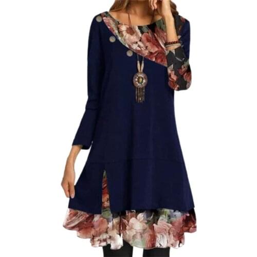 Women Dress Autumn Casual Dress Flower Print Patchwork Women Round Neck Long Sleeve Dress Flower Print Round Neck Casual Dress