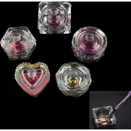 1 Pc Rainbow Crystal Clear Acrylic Liquid Dish Dappen Dish Glass Cup With Lid Bowl For Acrylic Powder Monomer Nail Art Tool Kit