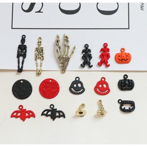 10pcs/pack Fashion Halloween Skull Hand Bat Pumpkin Clown Metal Charms Pendant Earring DIY Fashion Jewelry Accessories