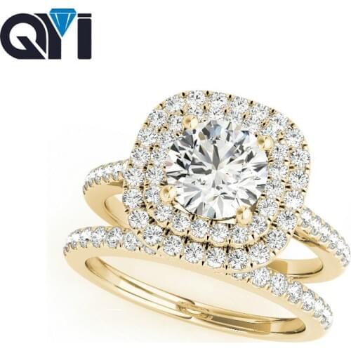 QYI 14K Solid Yellow Gold Double Halo Engagement Ring Sets Round Cut 1ct Simulated Diamond Bridal Jewelry Women Wedding Ring