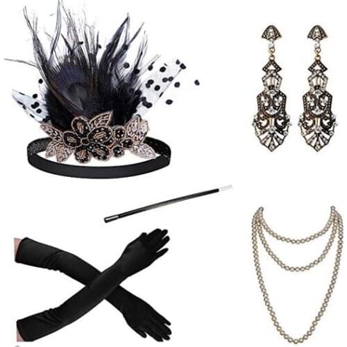 1920s Flapper Accessories Set for Women，Great Gatsby Costume Set Headpiece Headband Cigarette Necklace Gloves Earring