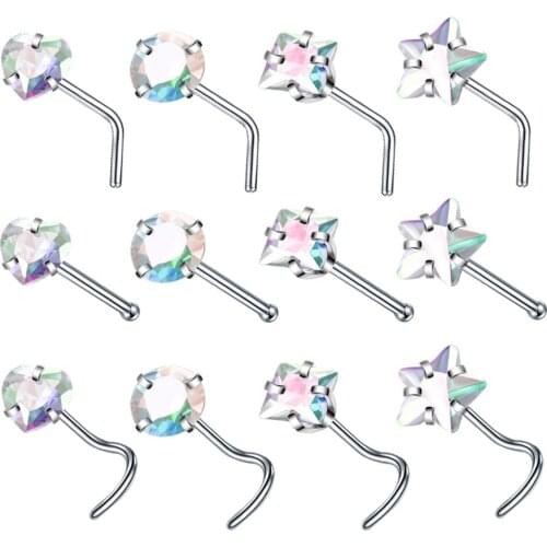 20G Nose Ring Stud Heart Star Square Round CZ L-Shape Bend nose Bone Pin Body Piercing Bar