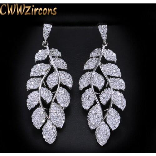 CWWZircons Brand Top Quality Miro Pave CZ Cubic Zirconia Stones Leaf Shape Long Dangle Drop Earring for Women CZ218