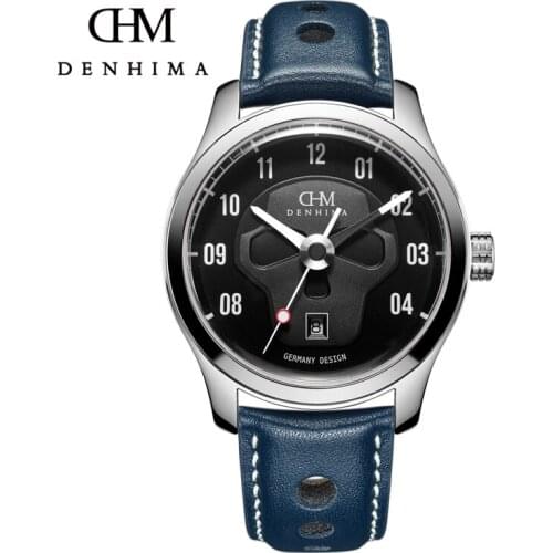 DENHIMA Skull Series Men Automatic Mechanical Watch Blue Genuine Leather Strap Watch Sapphire Glass Waterproof Watches With Date