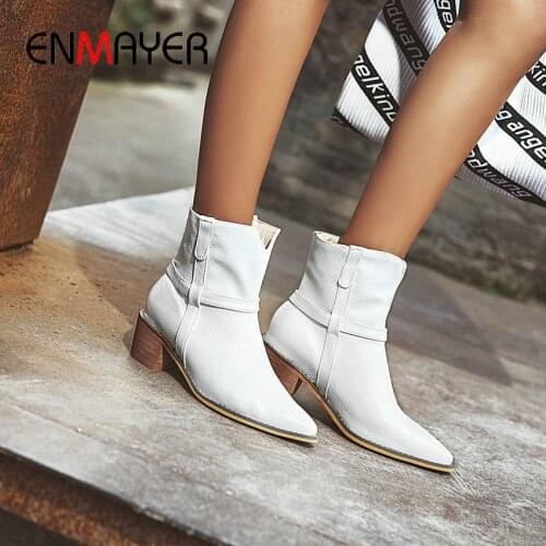 ENMAYER 2020 Snake Pattern Slip-On Pointed Toe Winter Boots Women Square Heel Short Plush Animal Prints Ankle Boots for Women