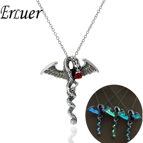 ERLUER Gothic Dragon Punk Luminous Dragon Pendants Necklaces Glow in the Dark jewelry Red Crystal CZ Necklace For Women Men Gift