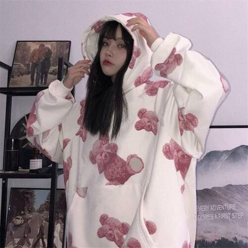 Harajuku Bear Printed Hooded Hoodie Loose Long Sleeve Ulzzang Hoodie Streetwear Females Cute Animal Print Hoodie Funny Tops Girl