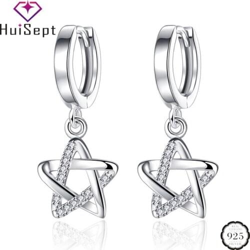 HuiSept Silver Earrings 925 Jewellery Hollow Five-pointed Stars AAA Zircon Gemstones Drop Earrings for Women Wedding Patry Gifts