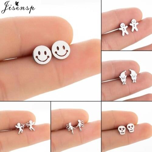 Jisensp 2021 Trendy Earings Cartoon Smiley Angel Ghost Stud Earrings for Women Statement Smiling Face Ear Studs Party Gifts