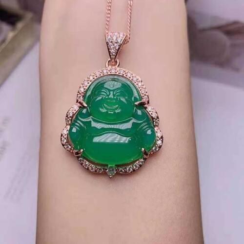 925 silver inlaid jade agate Maitreya Buddha Pendant