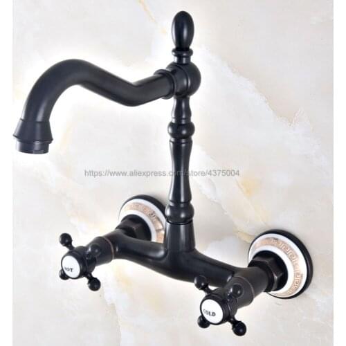 Oil Rubbed Bronze Bathroom Basin Faucet Wall Mounted Double Handle Swivel Spout Hot and Cold Mixer Faucet Nnf456