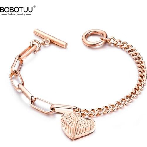BOBOTUU Fashion Beautiful Cute Love Angel Wings Bracelets Stainless Steel Heart Charm Rose Gold Color Bracelet Jewelry BB18102