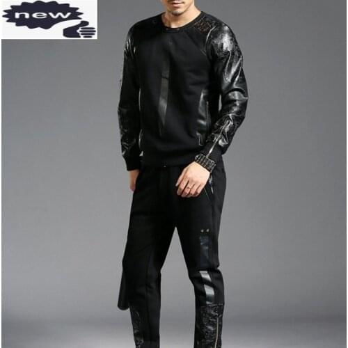 Men Clothes Two Piece Set Long Sleeve Pu Leather Splice Pullover Black Cotton T-Shirt Slim Fit Sweatpants Mens Casual Tracksuit
