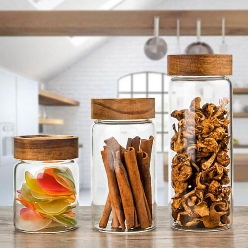 300/550/750ML High Borosilicate Glass With Wooden Cover Household Food Candy Biscuit Snack Storage Jar Set
