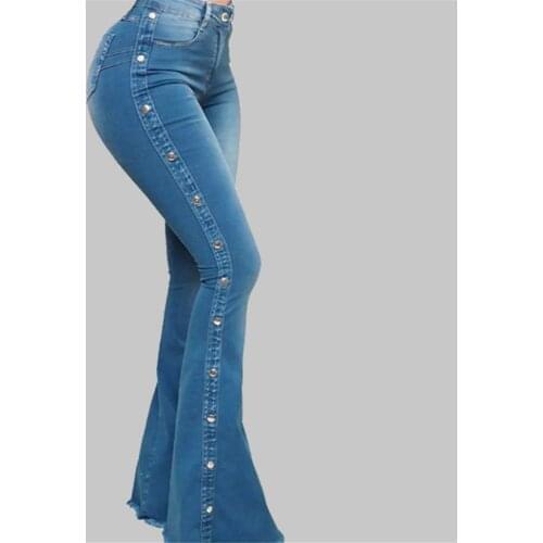 2021 New Cotton blue high waist flared jeans women skinny sexy rivet streetwear lady high quality denim bell-bottomed pants