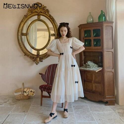 Sweet French Square Collar Puff Sleeve 3D Bow Dresses For Women 2021 Solid Princesss Fairy Guaze Dress Summer A-Line Midi Dresse