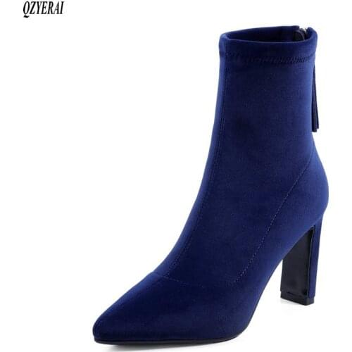 QZYERAI New style Ankle boots velvet Female boots 8 cm high heels Womens boots sheepskin Womens shoes