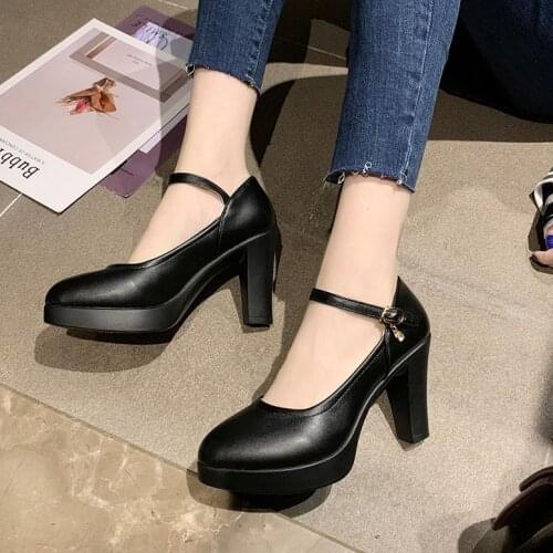 Round Toe Black Block Heels Women Pumps Split Leather Shoes Dance High Heels Shoes Platform Pumps Crystal For Party Work Shoes