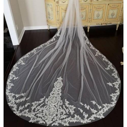 Unique wedding veil / cathedral ivory lace appliques veil / cathedral drop veil / One Tier White Lace Veil / Bridal Lace Veil