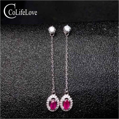 Fashion ruby earrings for party 3 mm *5 mm natural blood red ruby long drop earrings solid 925 silver ruby jewelry for woman