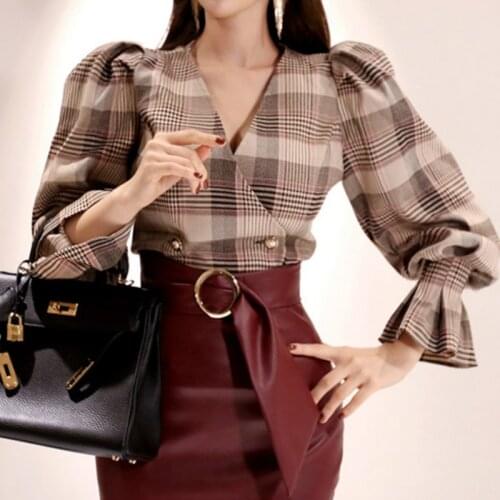 2020 Autumn New Women Shirt Double-breasted Plaid Blouse Puff Sleeve Peplum Belted Fashion Top Chemise Blusa Mujer