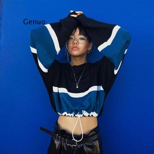 European and American Womens Short Tops T-Shirt Long Sleeve Navel O-Neck Waist Drawstring Color Matching Striped Sweater