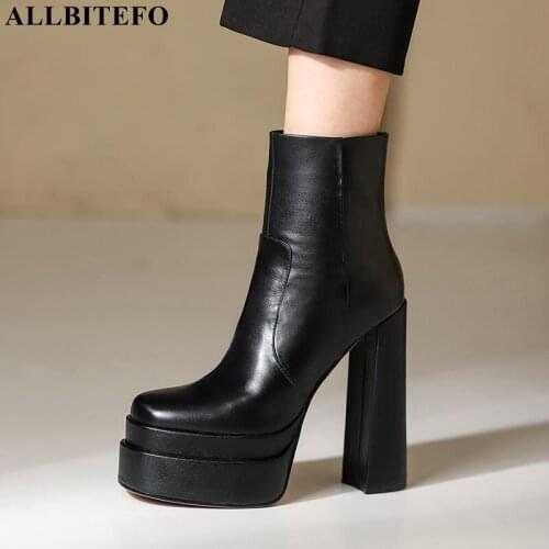 ALLBITEFO High Waterproof platform Shoes Comfortable Real Genuine Leather Ankle Rain Boots Fashion Girls High Heel Women Boots