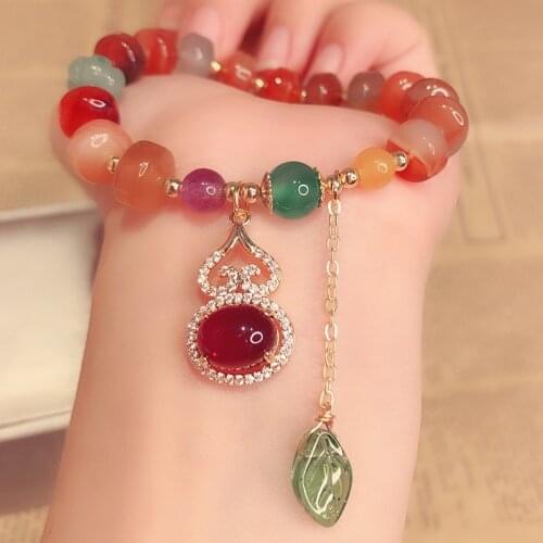Natural Agate Beaded bracelet For Women Gourd Leaf Pendant Bracelets & Bangles Bijoux Women Cinnabar Jade Fine Lucky Jewelry