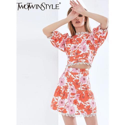 TWOTWINSTYLE Lace Print Floral Two Piece Set For Women Puff Sleeve Tops High Waist Skirts Elegant Sexy Sets 2021 Womens Clothing