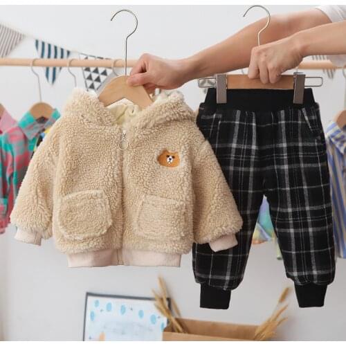 Winter Baby Plush Fleece Thicken Warm Hoodies Sets Toddler Boys Hooded Sweatshirt Plaid Pants Set Children 2pcs Clothes Suit