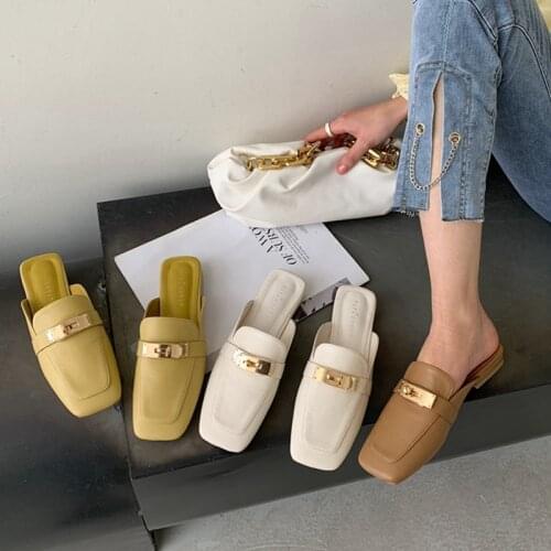 Bailamos 2021 New Brand Women Mules Shoes Fashion Buckle Low Heel Slip On Slipper Ladies Square Toe Casual Slides Shoes Sandal