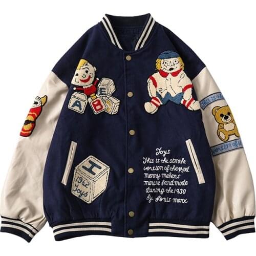 Baseball Uniform Male Loose Bear Retro Jacket Harajuku Streetwear Patchwork Color Casual Jacket Autumn Trend Korean Coats Unisex