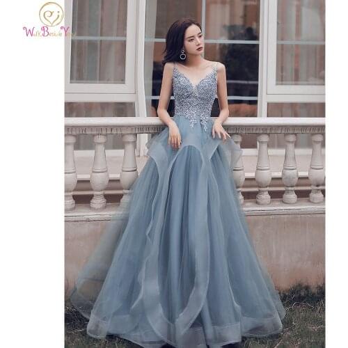 Long Prom Dresses 2020 Blue Spaghetti Strap Lace Applique Bead Sequin Ruffles A Line Sweetheart Evening Party Gown Celebrity