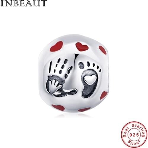 INBEAUT Red Enamel Heart Pattern 925 Sterling Silver Charm Foot Beads fit Pandora Silver Bracelet & Bangle Fine Jewelry Making