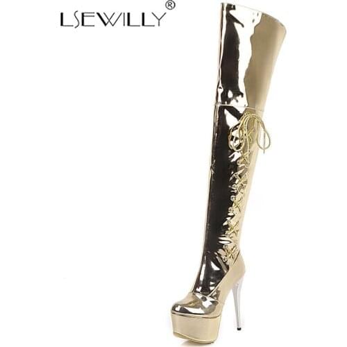 Lsewilly Mirror Patent Leather Women Over The Knee Boots European Sexy Super High Heels Thigh High Boots Nightclub Evening Shoes