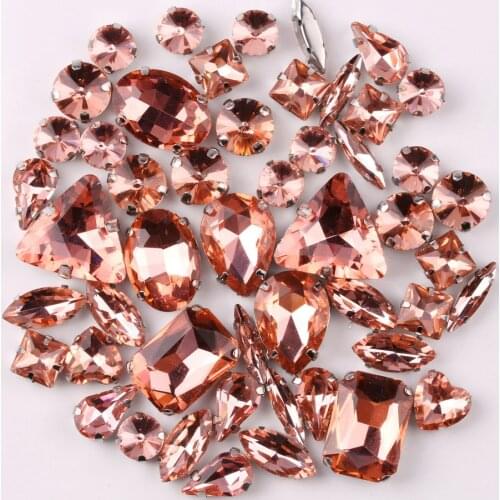Silver claw setting 50pcs/bag shapes mix Lt peach glass crystal sew on rhinestone wedding dress shoes bag diy trim