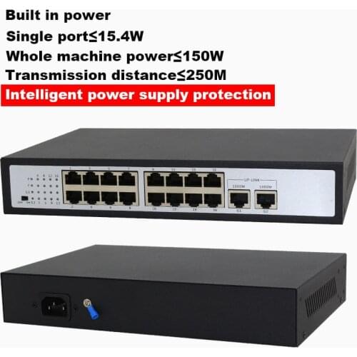 POE Switch 16 Port with 2 Port Uplink Ethernet 52V 150W Power 250M IEEE 802.3 AF/AT Metal Case for Network CCTV IP Cameras