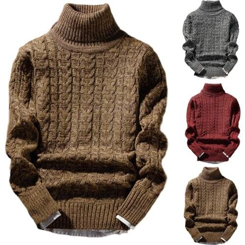 Casual Men Solid Color Winter Turtle Neck Long Sleeve Twist Slim Knitted Sweater