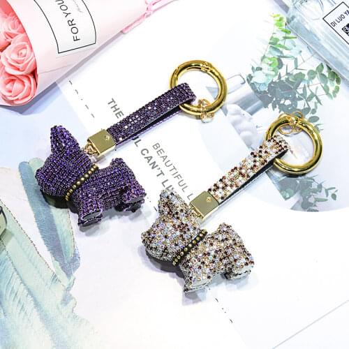 Luxury Crystal French Bulldog Keychain Lanyard Rhinestone Leather Strap Dog Keychains Women Bag Charms Men Car Key Ring Jewelry