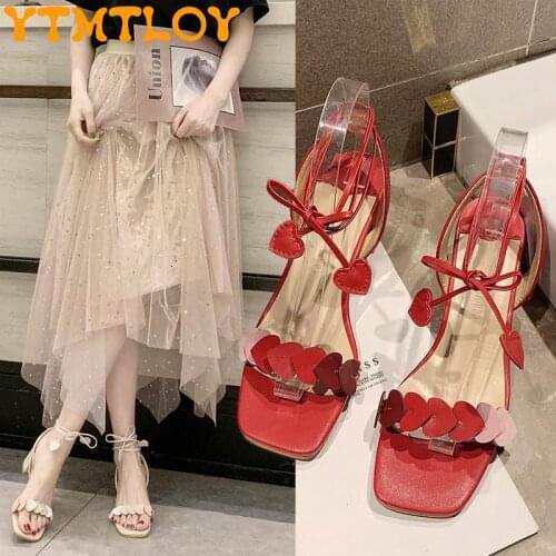 Sandals Ladies Summer 2021 Square Toe High Heel Open Toe Love Heart Shape Ankle Strap Fashion Fairy Tale Style Sandals