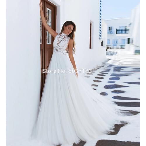 Halter A Line Wedding Dresses White 2021 High Neck Sleeveless Lace Appliques Court Train Wedding Gown Vestido De Novia Plus Size