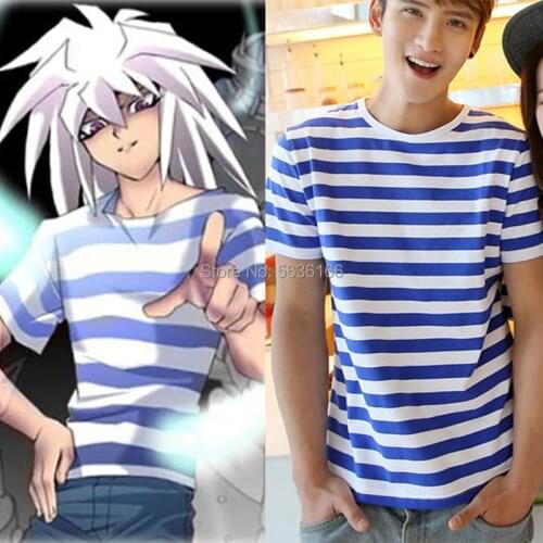 Yu-Gi-Oh! Yu Gi Oh Ryo Bakura Ryou Cosplay Shirt Costume Blue and white striped sea soul shirt short sleeve