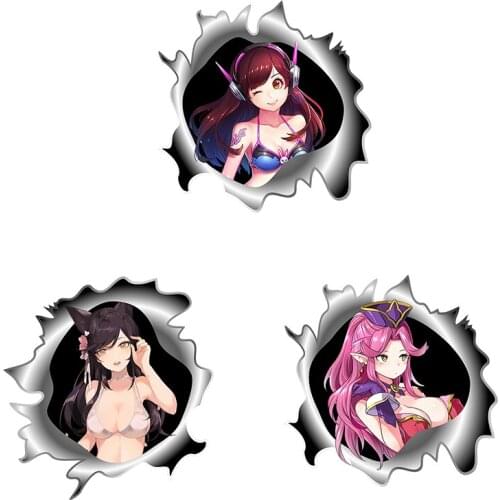 Three Ratels CDM365 Funny 3D metal crack anime stickers Cute Underwear Anime Girl car hood laptop Wall Fridge gift decals